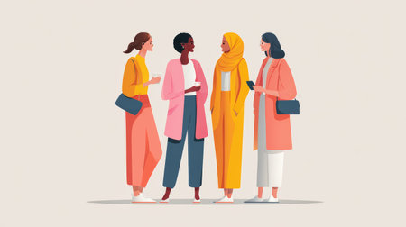 Four diverse women standing together, talking, wearing colorful clothing, holding coffee cups and phone, friendly atmosphereの素材
