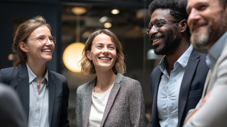 Smiling business people professional attire diverse group indoor office teamwork positive mood collaboration networkingの素材