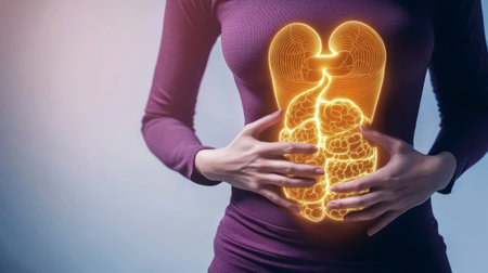 Woman holding stomach with glowing digestive system illustration, health and wellness concept, purple shirt, medical anatomyの素材
