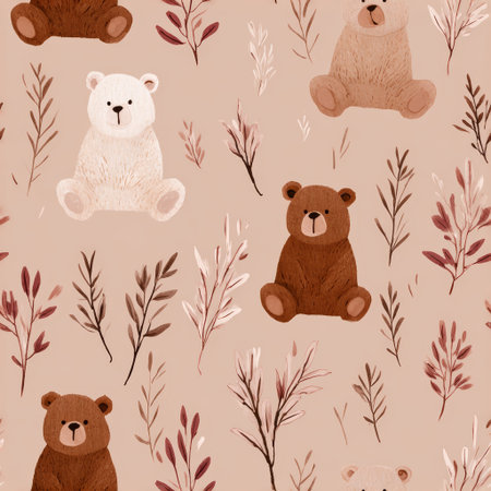 Cute bear illustration brown and white bear sitting seamless pattern beige background dried plant playful children nurseryの素材