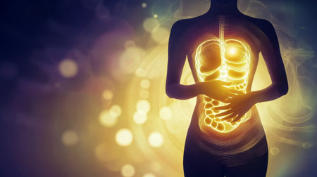 Woman holding stomach glowing organs digestive system health wellness medical anatomy illustrationの素材