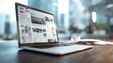 Open laptop on wooden desk displaying online news website, modern office background, natural daylight, digital information conceptの素材