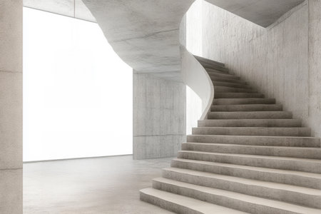 Curved staircase concrete wall modern architecture minimalist style empty interior bright light spacious clean elegant smooth surfaceの素材