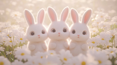 Three cute white bunny rabbits with big eyes stand together in field of white daisies, soft light, adorable, cartoon styleの素材