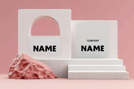 White geometric shape, stone, step, square, and pink rock create modern company name mockup with minimalist styleの素材