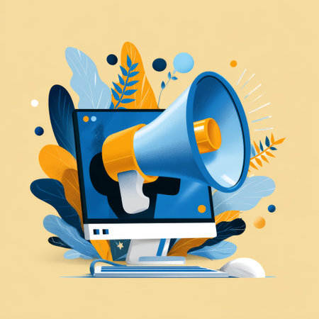 Megaphone computer announcement communication digital marketing blue yellow creative leaf. digital megaphone emerges from computer screenの素材