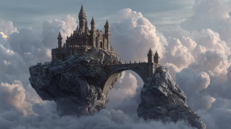 Fantasy castle floating island stone bridge cloudy sky majestic magical dreamy ancient architecture surreal. majestic fantasy castle sits atopの素材