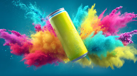 Yellow can colorful powder splash beverage drink blue background vibrant dynamic energy abstract. yellow can with colorful powder explosionの素材