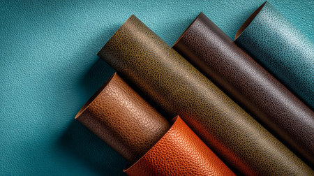 Brown, orange, and blue textured leather rolls arranged diagonally on turquoise background, showcasing luxury material and vibrant color contrastの素材
