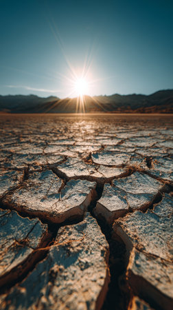 Cracked earth dry soil arid landscape desert sunlight climate change drought nature outdoor environmentの素材