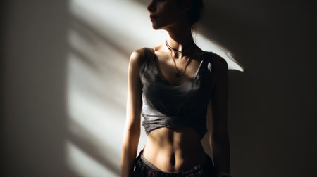 Woman shadow sunlight silhouette fashion casual tank top necklace moody artistic wall slim fit young female standing mysterious stylish dramaticの素材