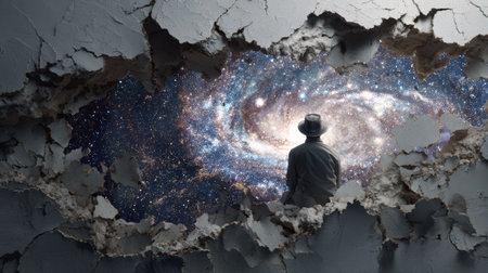 Galaxy universe man hat wall hole surreal cosmic mysterious space fantasy imagination dream exploration adventure wonder stars night creativeの素材