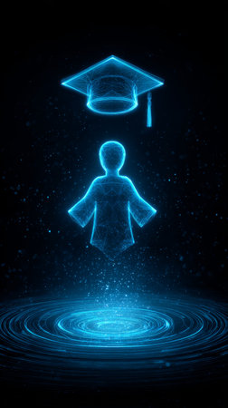 Holographic graduate figure glowing blue floating above digital platform futuristic education achievement innovation technology successの素材