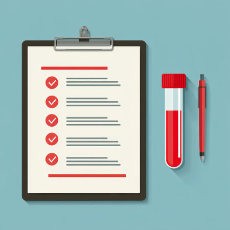 Medical checklist, blood sample tube, and red pen on blue background, symbolizing healthcare, laboratory, and diagnostic processの素材