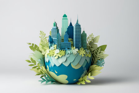 Eco city, green architecture, sustainable urban landscape, paper art, blue and green, environmental concept, modern buildingの素材