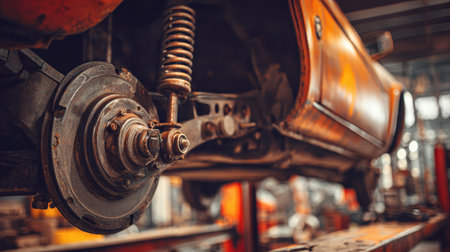 Car suspension repair workshop mechanic vintage maintenance metal wheel automotiveの素材