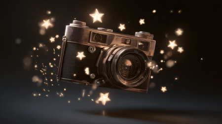 Vintage camera glowing star photography magic retro lens sparkle creative dark background fantasyの素材