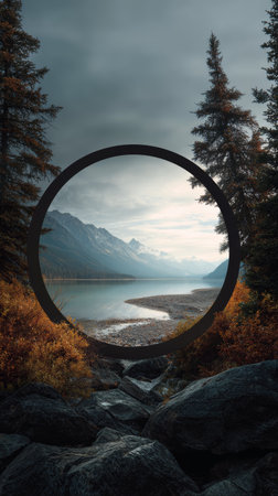 Circular frame mountain lake pine tree autumn cloudy landscape reflection tranquil serene view. circular frame highlights tranquil mountain lakeの素材