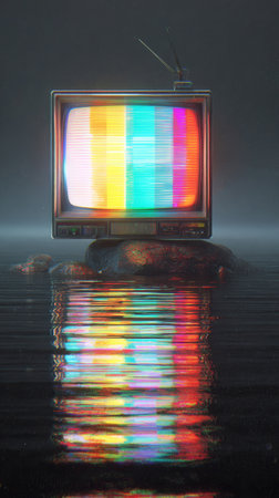 Old television static screen colorful stripes retro style water reflection surreal moody night vintage technologyの素材