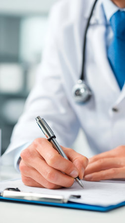 Doctor stethoscope clipboard pen writing medical professional healthcare uniform closeup confidentの素材