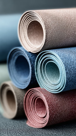 Rolled textured paper in pastel blue, pink, brown, and beige tones, arranged in stack, creating soft and artistic compositionの素材