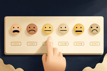 Neutral face feedback rating survey satisfaction hand finger button emotion reviewの素材
