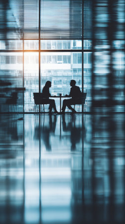 Business meeting office silhouette two people window modern professional discussion reflection urbanの素材