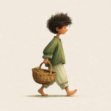 Curly haired boy green shirt beige pants barefoot walking holding wicker basket cheerful side view illustrationの素材