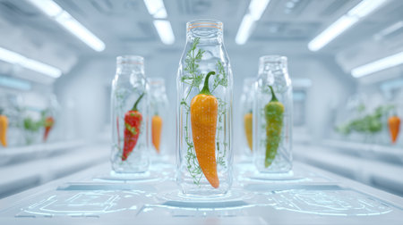 Yellow chili green chili red chili glass jar futuristic laboratory technology plant science hydroponic innovation food agriculture research modernの素材