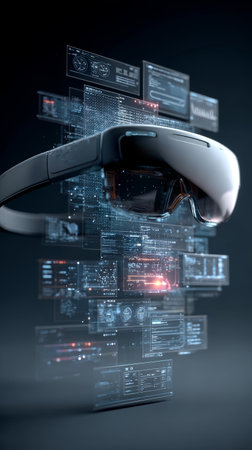 Futuristic virtual reality headset with transparent digital interface, advanced technology, innovation, immersive experience, and modern designの素材