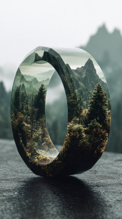 Nature landscape mountain forest ring reflection misty green outdoor peaceful creative art pieceの素材
