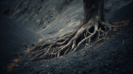 Tree root nature forest soil landscape outdoor strong survival dramatic autumn. Exposed tree roots gripping dark soil rugged hillside evokingの素材