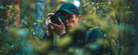 Man camera forest nature photography outdoor green foliage cap focus man with camera green forest wearing cap focused taking photograph surroundedの素材