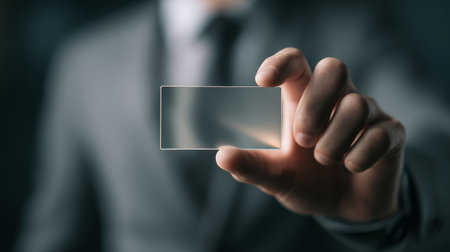 Businessman suit hand holding transparent card closeup professional Confident businessman suit holding transparent card closeup hand focus modernの素材