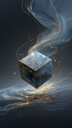 Mysterious floating cube with cosmic texture, surrounded by glowing particles and swirling mist, evokes sense of wonder and fantasyの素材