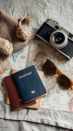 Passport, map, camera, sunglasses, and woven bag on linen fabric create vintage travel adventure mood for exploring new destinationsの素材
