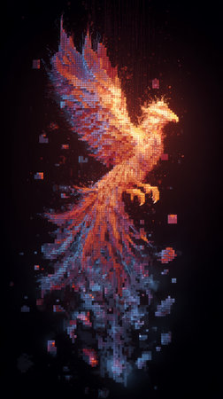 Pixelated phoenix bird digital art glowing orange and blue fantasy fiery mythical creature dramatic dark backgroundの素材