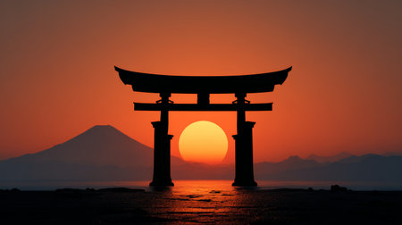 Torii gate sunset silhouette mountain Japan orange sky peaceful water reflection traditional serene landscapeの素材