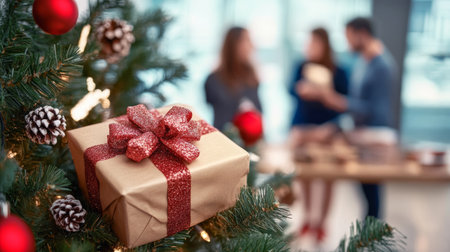 Gift Christmas tree holiday office party coworkers celebration festive present winter joyful atmosphereの素材