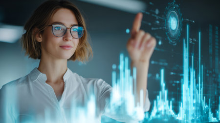 Confident businesswoman interacting with futuristic digital interface, analyzing data visualization in modern officeの素材