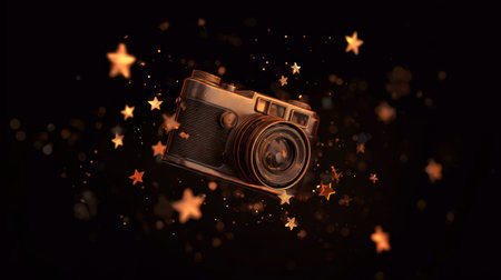 Vintage camera floating surrounded by glowing golden stars dark background magical dreamy nostalgic photography celebrationの素材