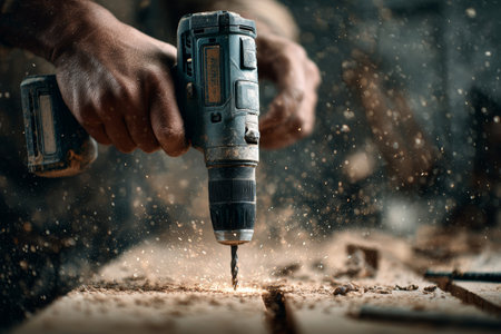 Hand holding power drill woodworker drilling wooden plank sawdust flying close up workshop focused craftsmanship tool constructionの素材