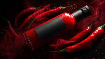 Red hot sauce bottle with blank label, surrounded by fresh chili pepper, spicy, dramatic lighting, condensation, black backgroundの素材