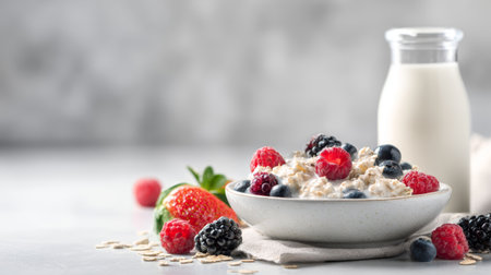 Oatmeal berry breakfast healthy fresh milk strawberry blueberry raspberry blackberry nutritious morning meal dairy wholesome delicious naturalの素材