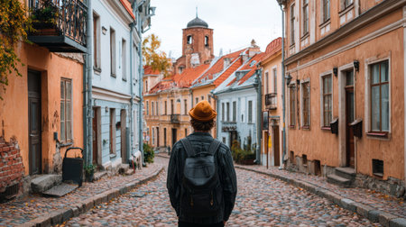 Person with backpack autumn hat old town cobblestone street historic buildings travel exploring architecture urban peacefulの素材