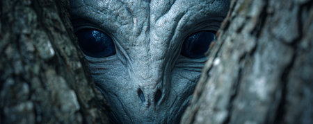 Alien creature face eyes closeup mysterious fantasy science fiction bark tree blue skin texture nature forest hidden secret watching stare intenseの素材