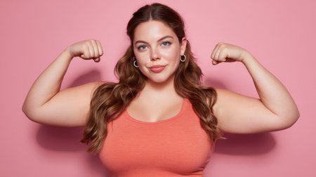 Confident woman flexing arms, smiling, wearing sleeveless top, long wavy hair, pink background, empowerment vibeの素材