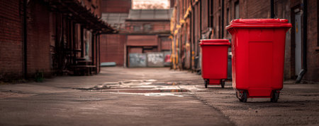 Red trash bin urban alley wet pavement industrial building moody atmosphere empty street overcast day solitudeの素材