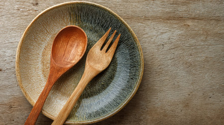 Wooden spoon wooden fork ceramic plate rustic table natural color kitchen utensil top view simple style dining home decorの素材