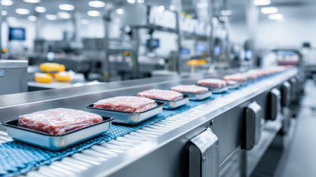 Packaged meat food factory production conveyor tray plastic industrial processing hygiene Packaged meat plastic trays moves along conveyor modernの素材